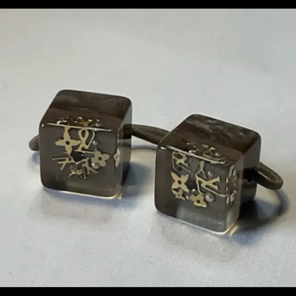 Authentic Louis Vuitton Vintage Monogram Hair Ties Band Elastic Brown Gold Set 2
